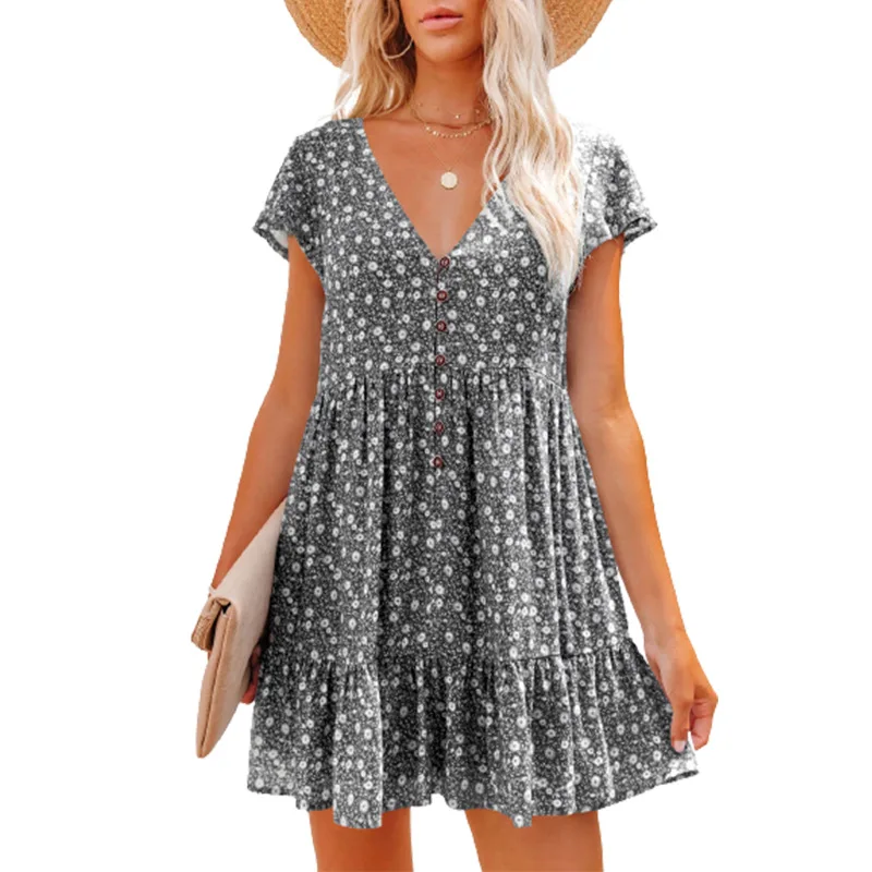 Summer Fashion V Neck Short Sleeve Dress Women Loose Casual Button Chiffon Short Skirt 2024 New Elegant Floral Vacation Dress