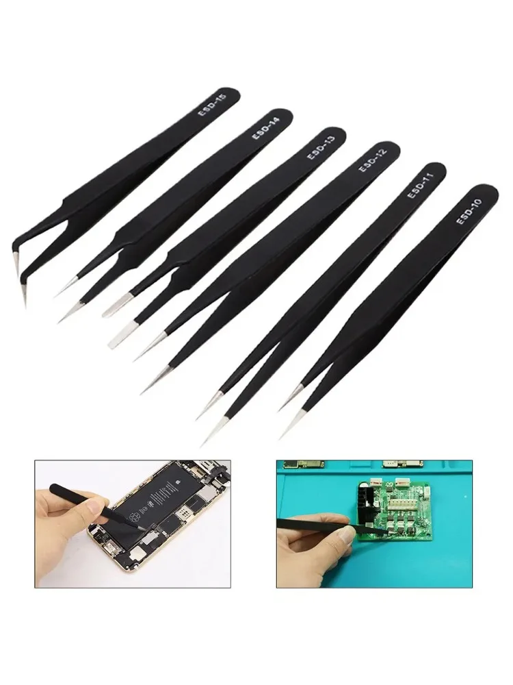 Pincettes antistatiques en acier inoxydable, 6 pièces, entretien de précision, réparation industrielle, travail incurvé, fabrication de modèles, outils à main