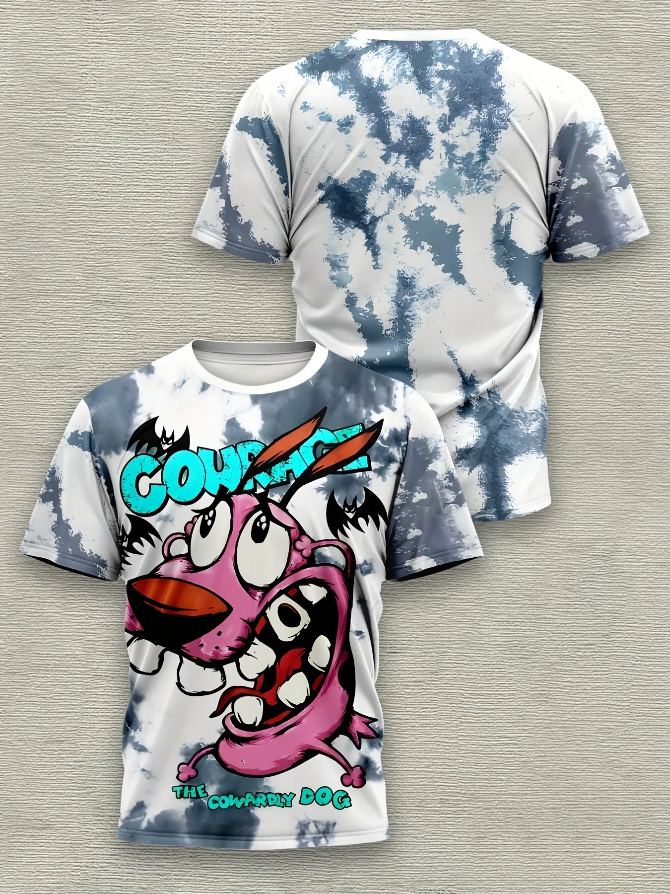 Men's 3D Cartoon Dog Printed T-shirt Polyester Machine Washable Round Neck Knitted Fabric Cowardly Dog Pattern T-shirt