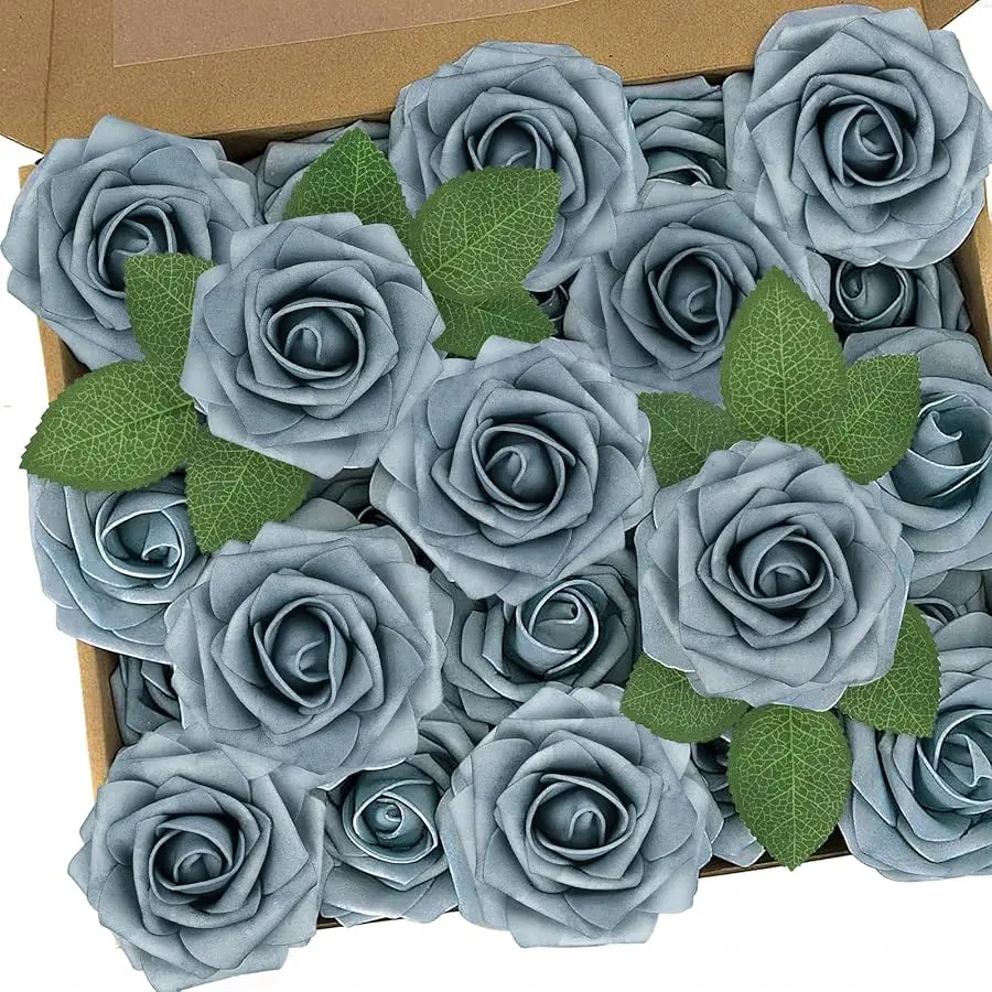 

Artificial Flowers, 50pcs Foam Roses Fake Flowers DIY Wedding Party Cake Decoration, Home Display, Dusty Blue Gray