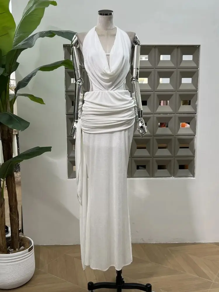 

New Solid White Long Gown Female Hollow Out Party Dresses Halter Backless Sleeveless Sheer Sexy Fashion Festival Dress Vestido