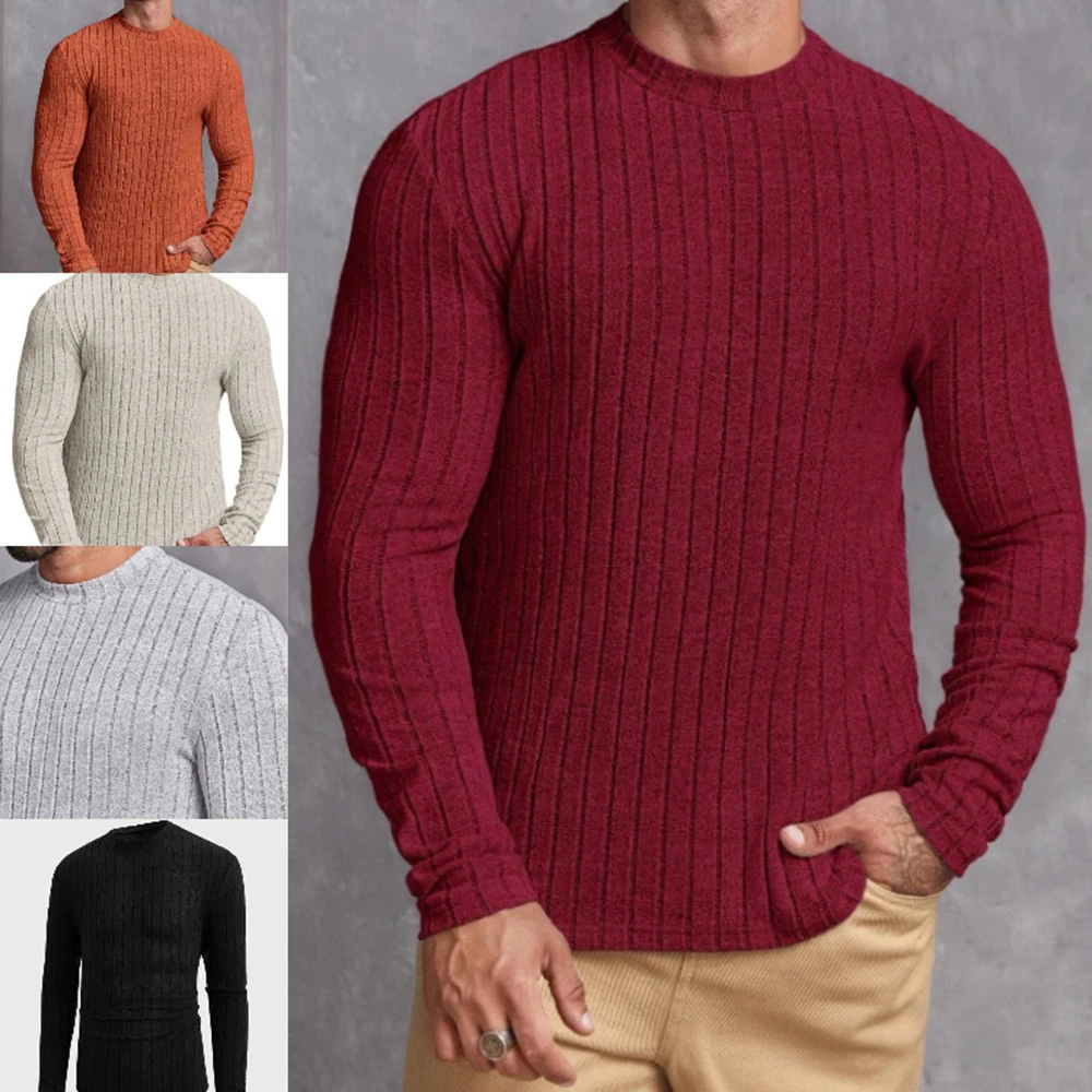 

Y2k T-Shirts Men Solid Color Striped Knitted Long Sleeved T-Shirt Autumn Daily Casual Simple Breathable Base Shirt Mens Clothing