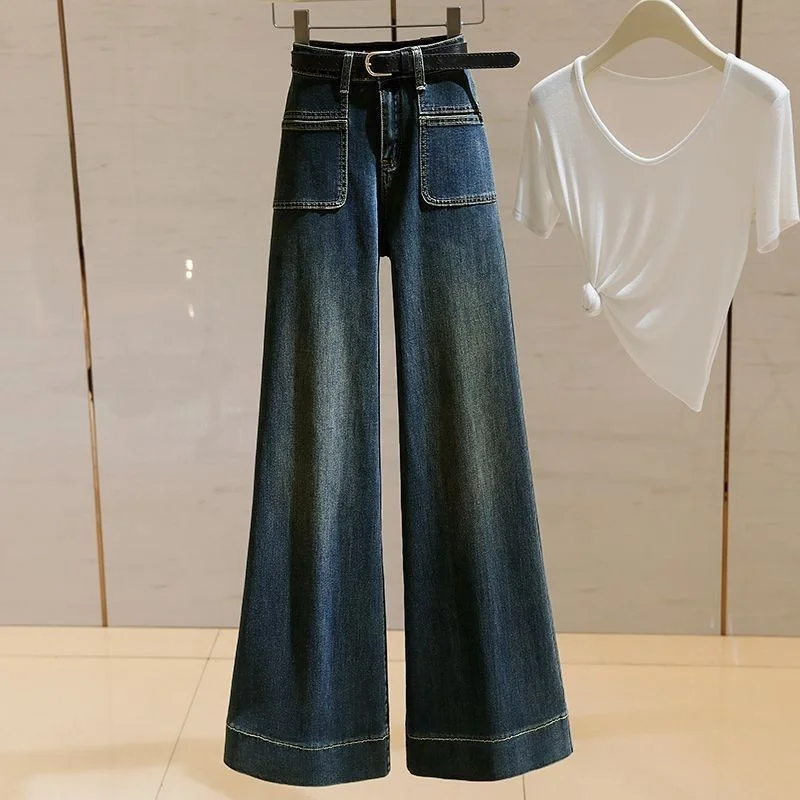 

Retro High Waist Wide Leg Jeans Women New Spring Autumn Style Loose Fashionable Versatile Pocket Straight Leg Flared Pants