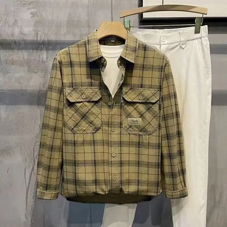 Men's Casual Plaid Work Shirt Long Sleeve Loose Fit Dirt Resistant Wearable Double Pocket Shirt Stylish Outerwear for Daily Use