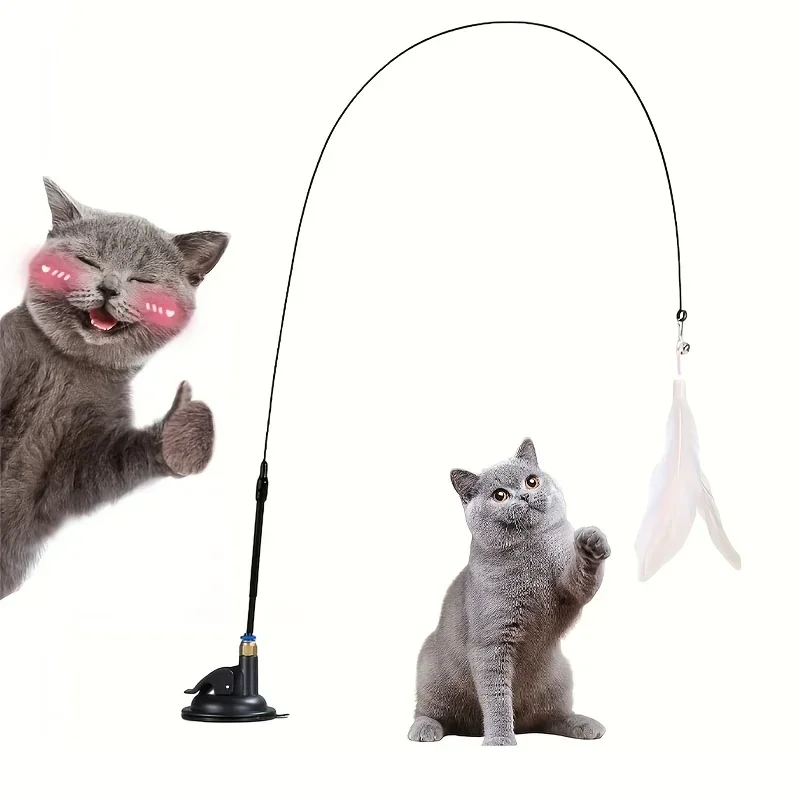 Bissfester Katzen-Teaser-Stick mit Glöckchen, Federn und langem Stab – lustiges und interaktives Katzenspielzeug mit Saugnapfbasis