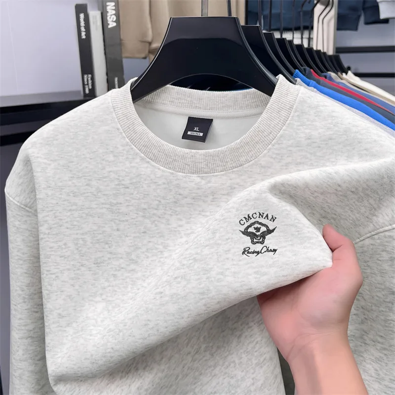 Men's Autumn Round-Neck Sweatshirt Thick Fleece Embroidery Anti-Wrinkle Long Sleeves T-Shirt Casual Warm Flexible Men's Clothing