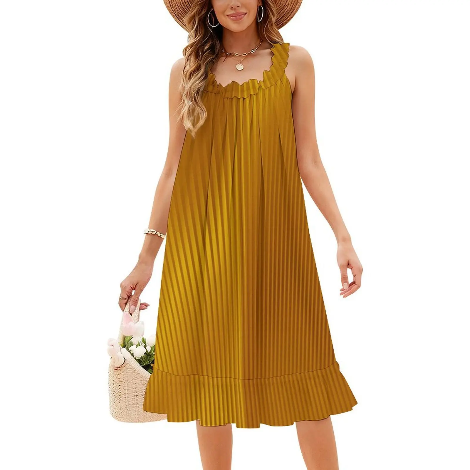 Gouden Art Deco Patroon Boheemse Mouwloze Jurk Voor Vrouwen Print Strand Feestjurken Gouden Kunstwerk Metaal Goud Patroon Metaal