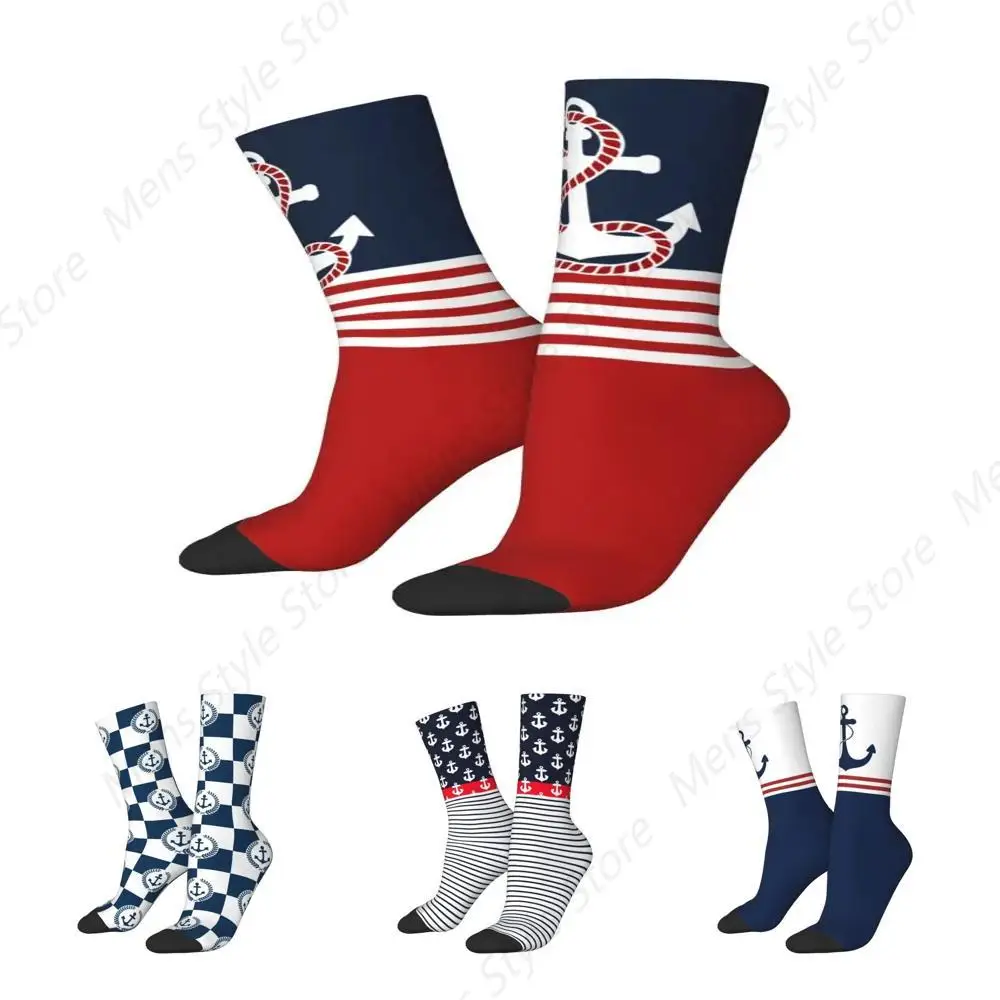 Nautical Stripes And Red Anchor Men Women Crew Socks Unisex Fashion Sailing Sailor Spring Summer Autumn Winter Dress Socks