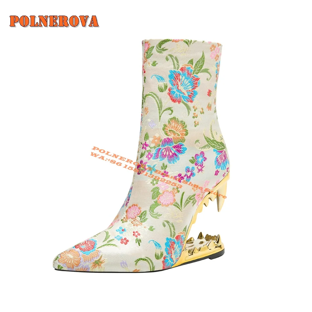 

2024 Winter Embroidery Tiger Tooth Women Modern Boots Pointer Toe Strange Style Flower Print Side Zip Big Size Ankle Boots Trend