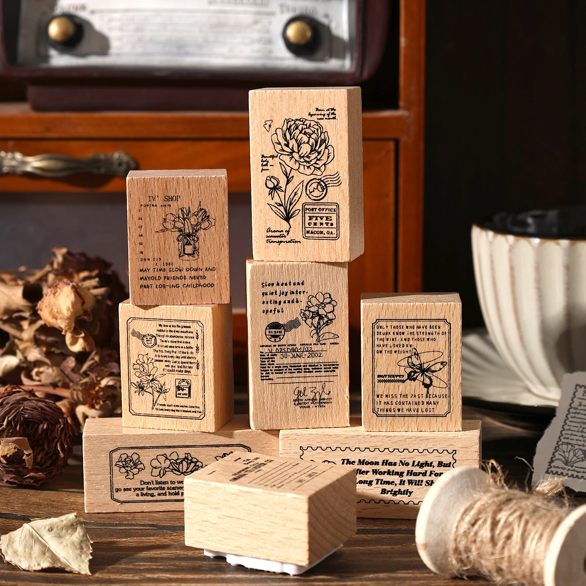 8pcs Vintage Wooden Stamps With Multiple Patterns,Clear Engraved Designs,Perfect For Journaling And Diy Scrapbook Decoration - view 5