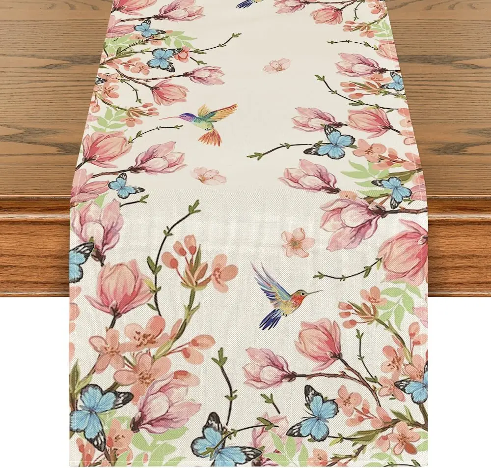 Flower Bird Butterfly Spring Linen Table Runner Dresser Scarf Table Runner Kitchen Dining Table Holiday Home Party Wedding Decor