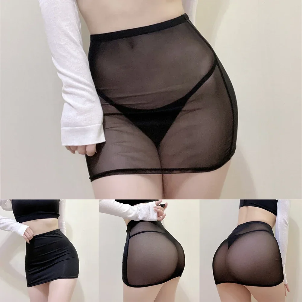 Sexy Women's Sheer Mesh Transparent Skirt Solid Black High Waist Lingerie Short Stretch Night Club Mini Skirts Woman Clothing