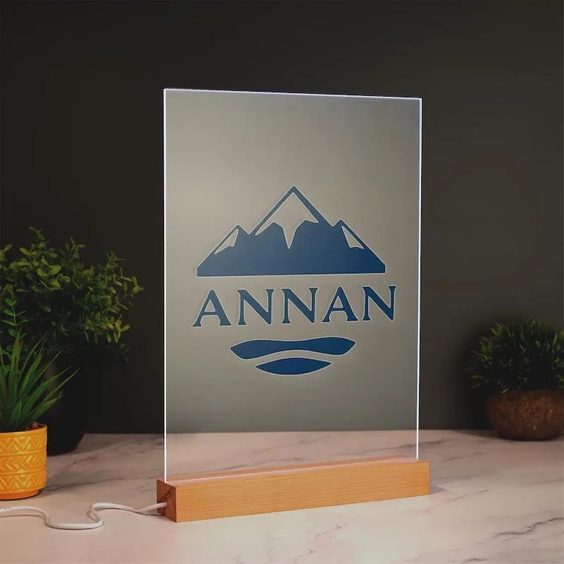 Custom Acrylic Business Logo Signs LED Bright Brand Desk Display Plaque Office Decor Wood Base Trade Show Brand Corporate Gifts