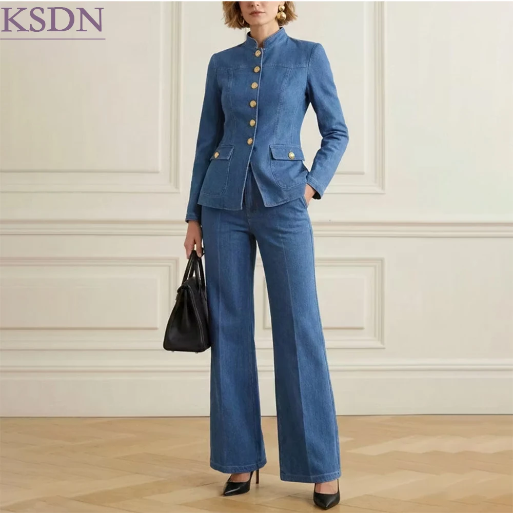 Modern Women Suits Fitted Denim Jacket with Flap Pockets Flared Pants 2 Piece Fashion Mandarin Collar Single Breasted Blazer