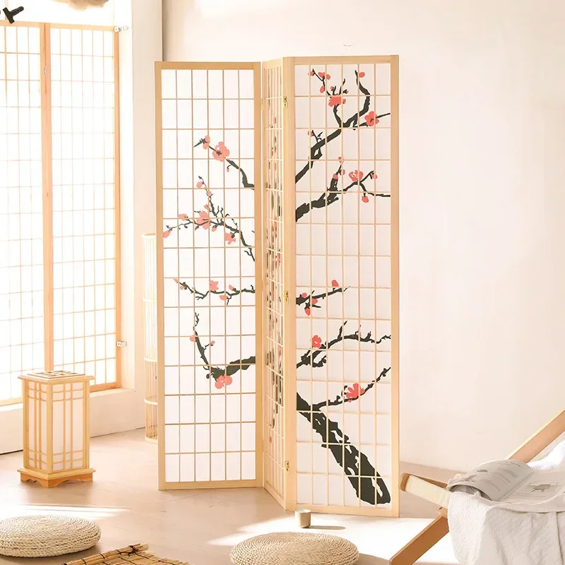 Chinese Plum Bloss Folding Solid Pne Wood Screen Partition Porch White Non-Woven Fabrics Divider Curtain For Home,Office Decor