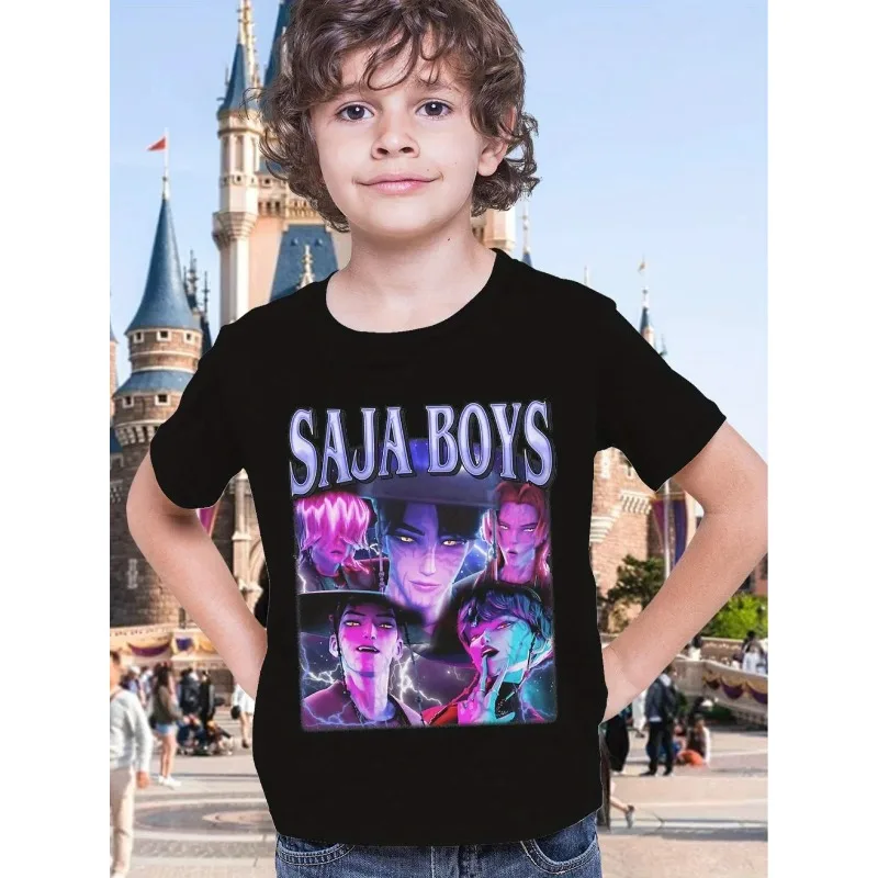 

Summer Retro Saja Boys Kpop Devil Hunter Printed Cotton Tshirt Anime Short Sleeve Children T-shirt Boys Girls Casual Tee Top