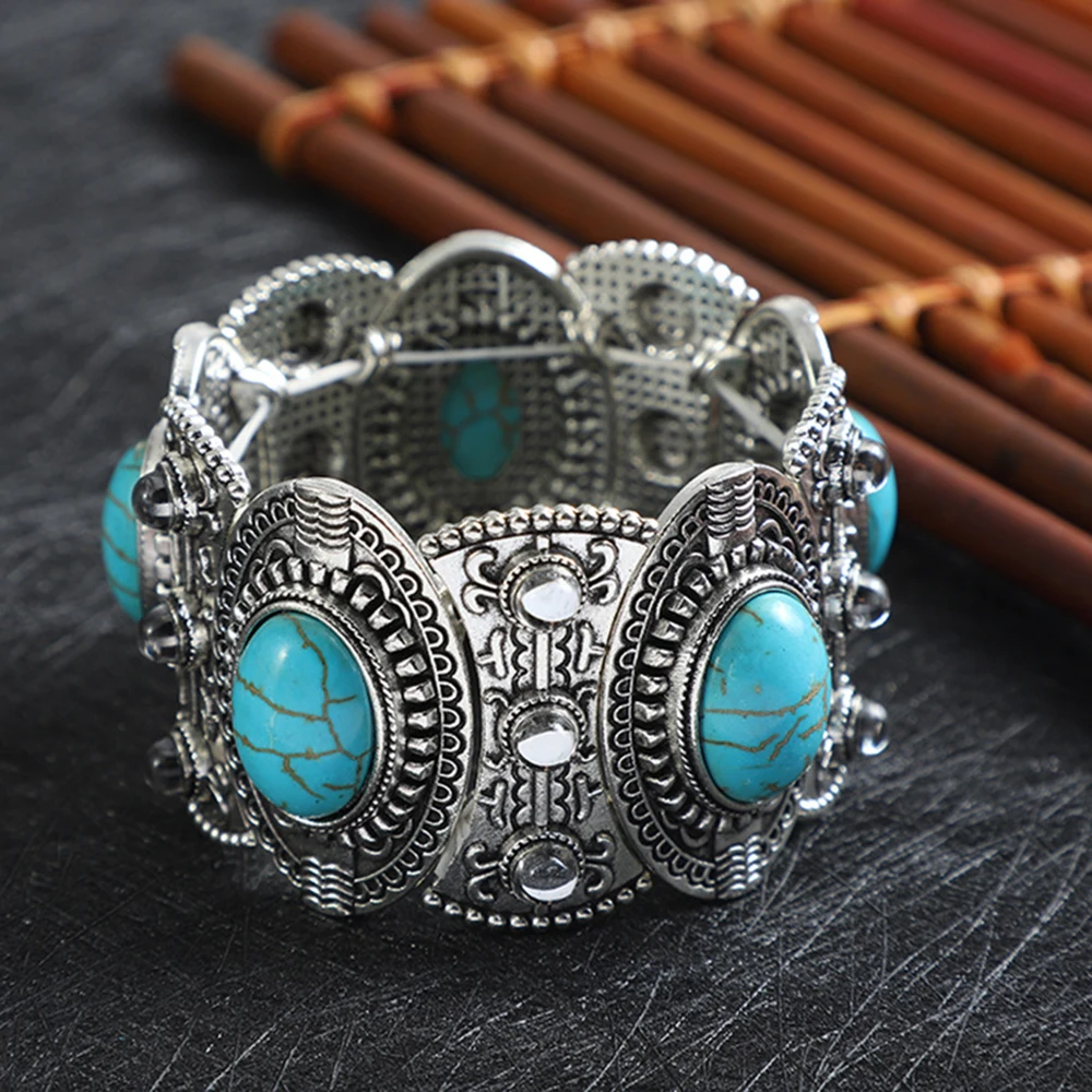 Tibetan Vintage Turquoise Stone Bracelet for Women Adjustable Snake Bones Wrapped Bangles Boho Gypsy Ethnic Tribe Hand Jewelry