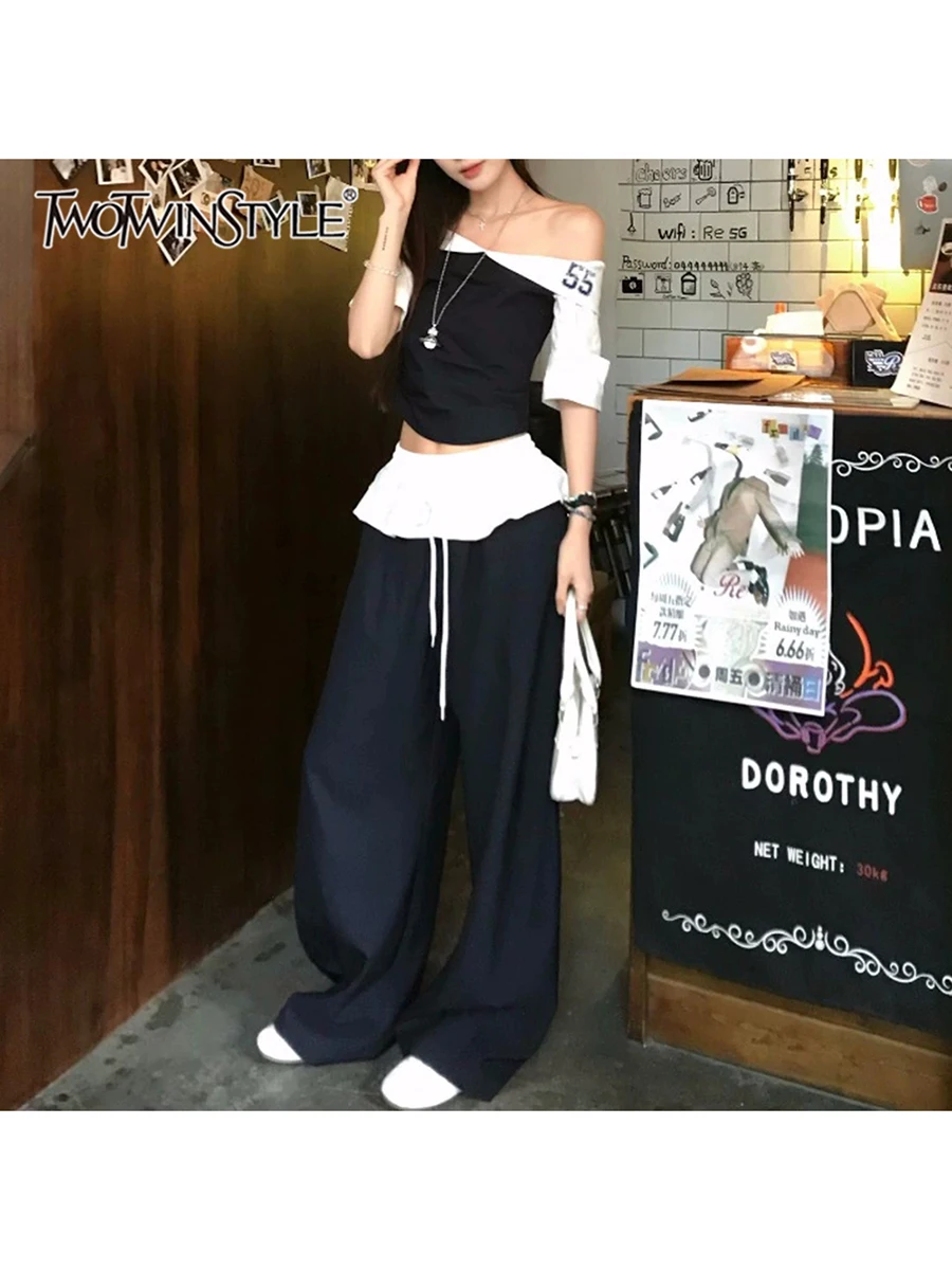 

TWOTWINSTYLE Hit Color Two Piece Set For Women Slash Neck Long Sleeve Tunic Top High Waist Spliced Lace Up Pant Set Female New