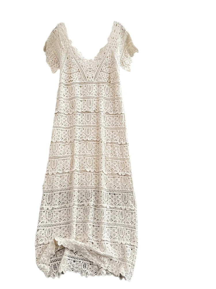 เดรสยาวทรงเอเข้ารูปผูกเอว ผ้าลูกไม้โปร่งลายฉลุ รุ่น Hebe Sle Summer Long Dr Gentle ort Sve V-Ne