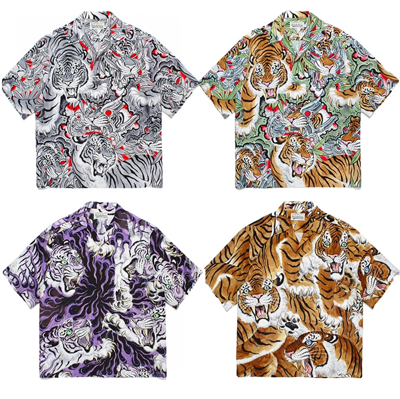 

Life Wao Maria Cuba Collar ort Sve Men's irt Flame Hundred Tigers Pattern Print Casual Summer Faion Loose Fit