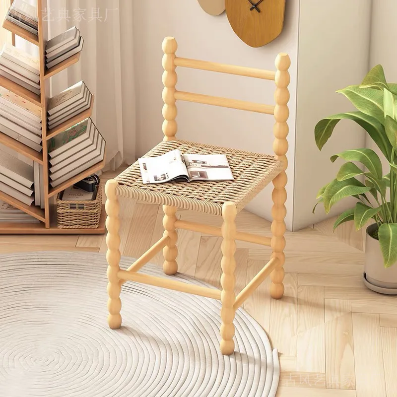 Celebrity Backrest Gourd Small Stool French Light Luxury Solid Wood Dining Chair Japanese Design Retro Rope Braided Chair