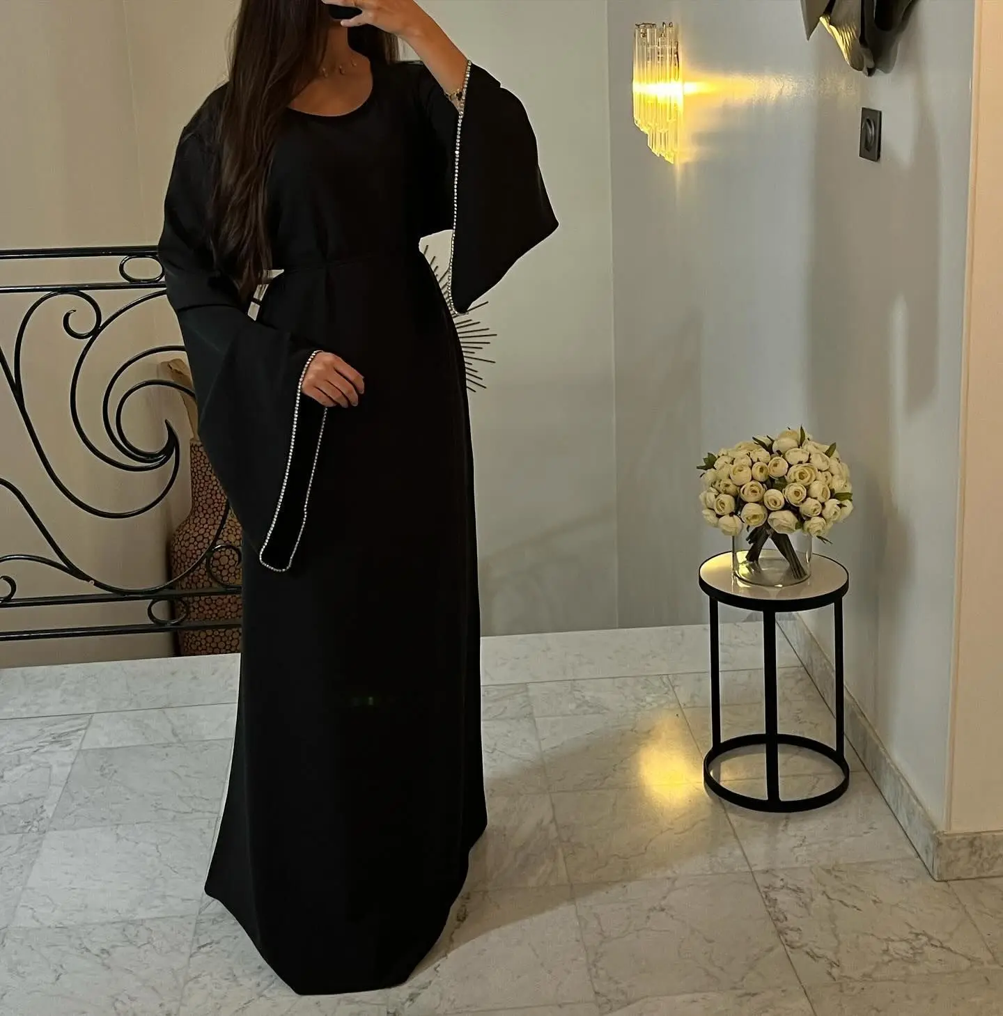 Ramadan Eid Diamond Long Sleeve Djellaba Muslim Dress Dubai Fashion Abaya Thin Muslim Robes Islam Robe Women Satin Long Dress