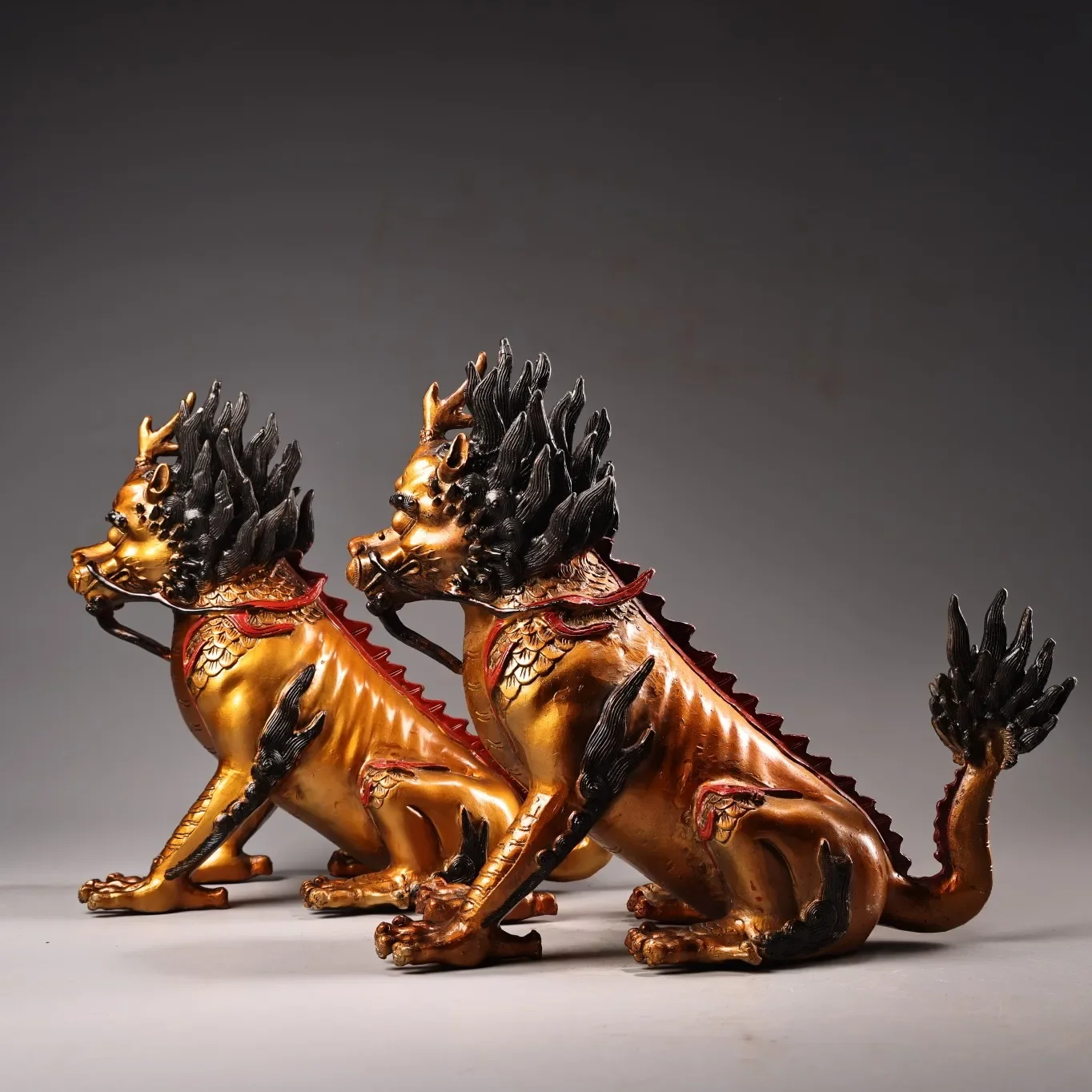 

13"Xizang Folk Collection Old Bronze Painted Gilded Kylin Statue A Pair Divine Beast Amass wealth Ornaments Town house