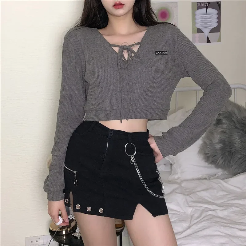 

Women Fall Lace-up Hollow Long-sleeved Gray T-shirt Women's New Style Korean Chic Slim Short Top Female Sexy Solid Color Tshirt