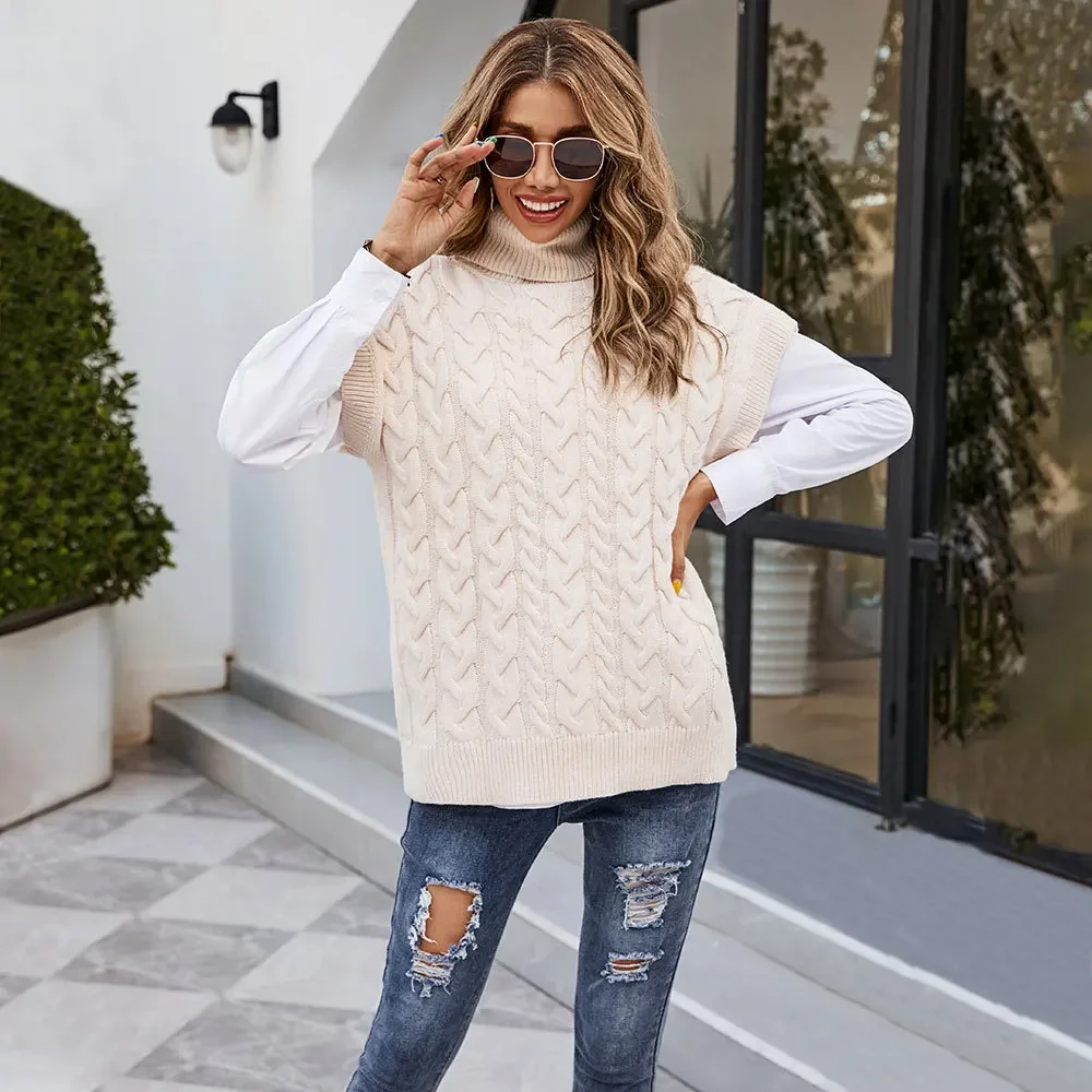 Europe and America Solid Color Twist Sleeveless Knit Turtleneck Sweater, Women's Autumn and Winter New Loose Knit Vest Sweater