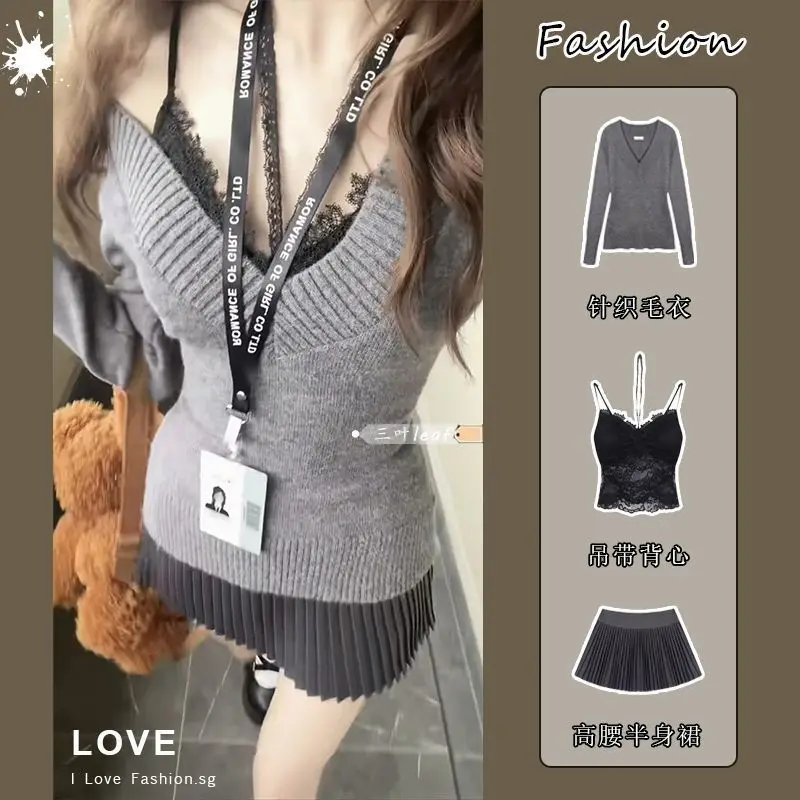 

Korean Gray Pullover Sweater+lace Camisole+short Skirt 3 Piece Sets Womens Outfits Knit Pleated Y2k Autumn 2025 New