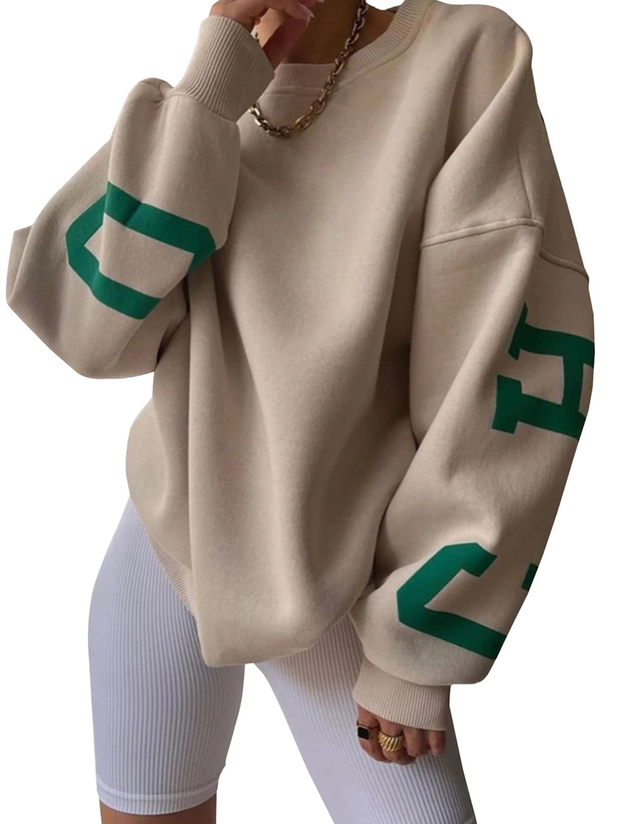 Women Loose Pullover Oversized Sweatshirts Drop Shoulder Letter Print Long Sleeve Crewneck Casual Hoodie Tops y2k Streetwear