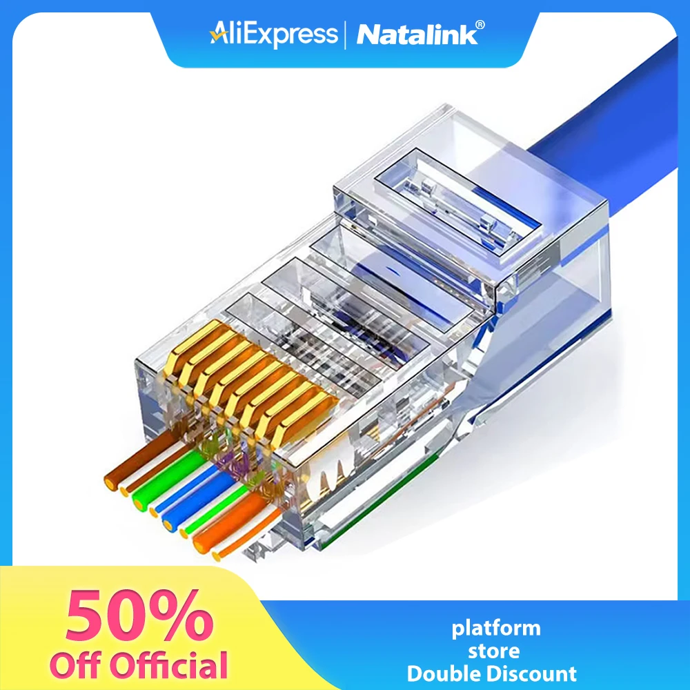 Natalink RJ45 CAT6 Pass Through Connectors 30μ Crystal Ends Gold Plated 8P8C UTP Ethernet Network Modular Plugs for CAT6 CAT5e