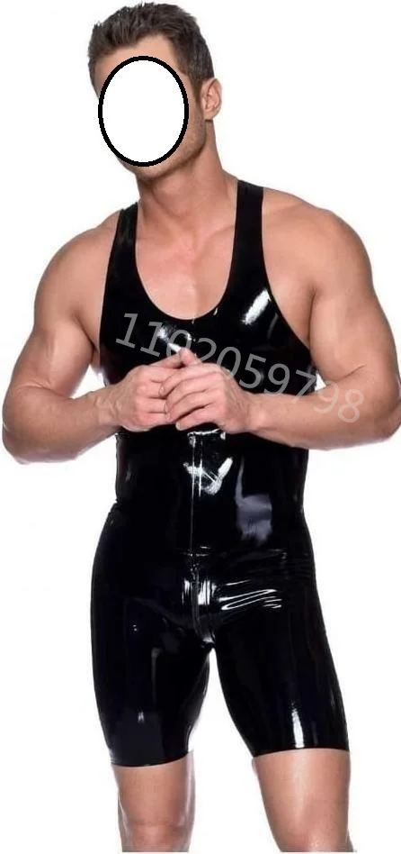 Handmade Men's Latex Sleeveless Catsuit Men's Latex Muscle Suit Black with Crotch Zipper Skin-Tight New Style 0.4mm Latex Cool