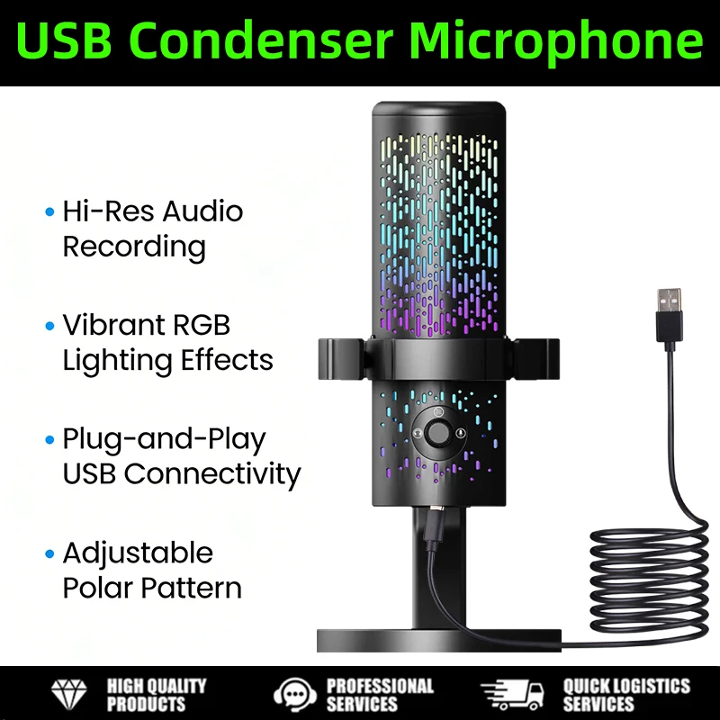 

USB-микрофон с функцией шумоподавления, подходит для игровых стримов, голосового чата, караоке, пения, компьютерный микрофон с RGB-подсветкой.
