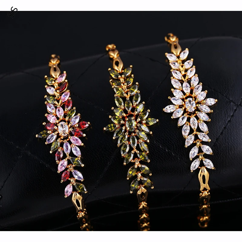 Copper Inlaid Colored Gemstone Zircon Bracelets for Bridal Wedding Dress Accessories Hand Chain Gold/Silver Metal