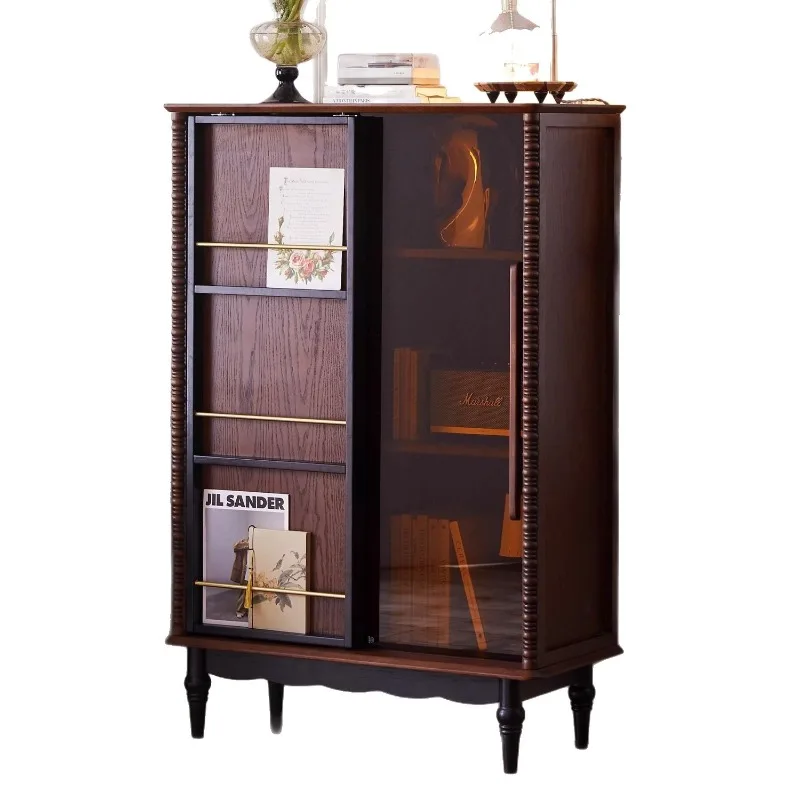 

French retro solid wood display book with glass door living room home antique storage storage chest cabinet