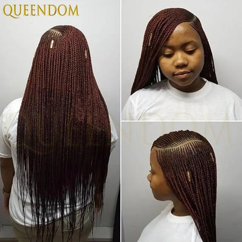 بورجوندي كامل الدانتيل مزدوجة شعر مستعار مضفر 36 ''فو لوكس شعر مستعار الجانب جزء كورنو صندوق للنساء السود مع شعر الطفل #5