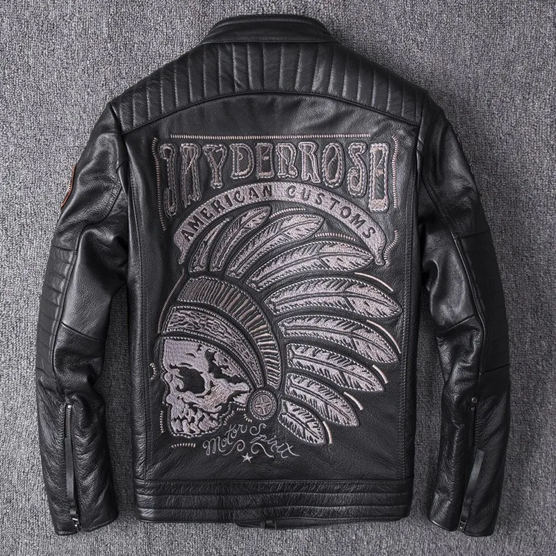 Embroidered men's motorcycle leather cowhide stand-up collar