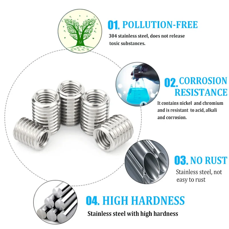 M2-M12 A2-70 Stainless Steel 304 Inside Outside Thread Adapter Screw Wire Thread Insert Sleeve Conversion Nut Coupler Convey