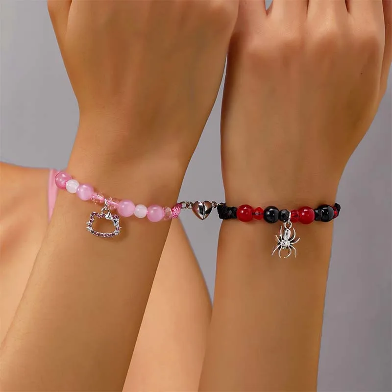 Hello Kitty Braided Bracelet Cartoon Couples Best Friend Bff Friendship Bracelets 2Pcs/set Magnetic Matching Wristband Gift