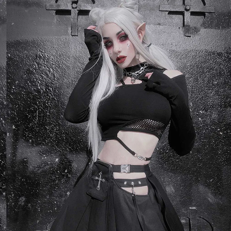 Autunno Nuovo Sexy Scava Fuori Sottile Manica Lunga Magliette E Camicette Asimmetrico Maglia Splicing T-Shirt High Street 2000s Nero Moda Donna Vestiti