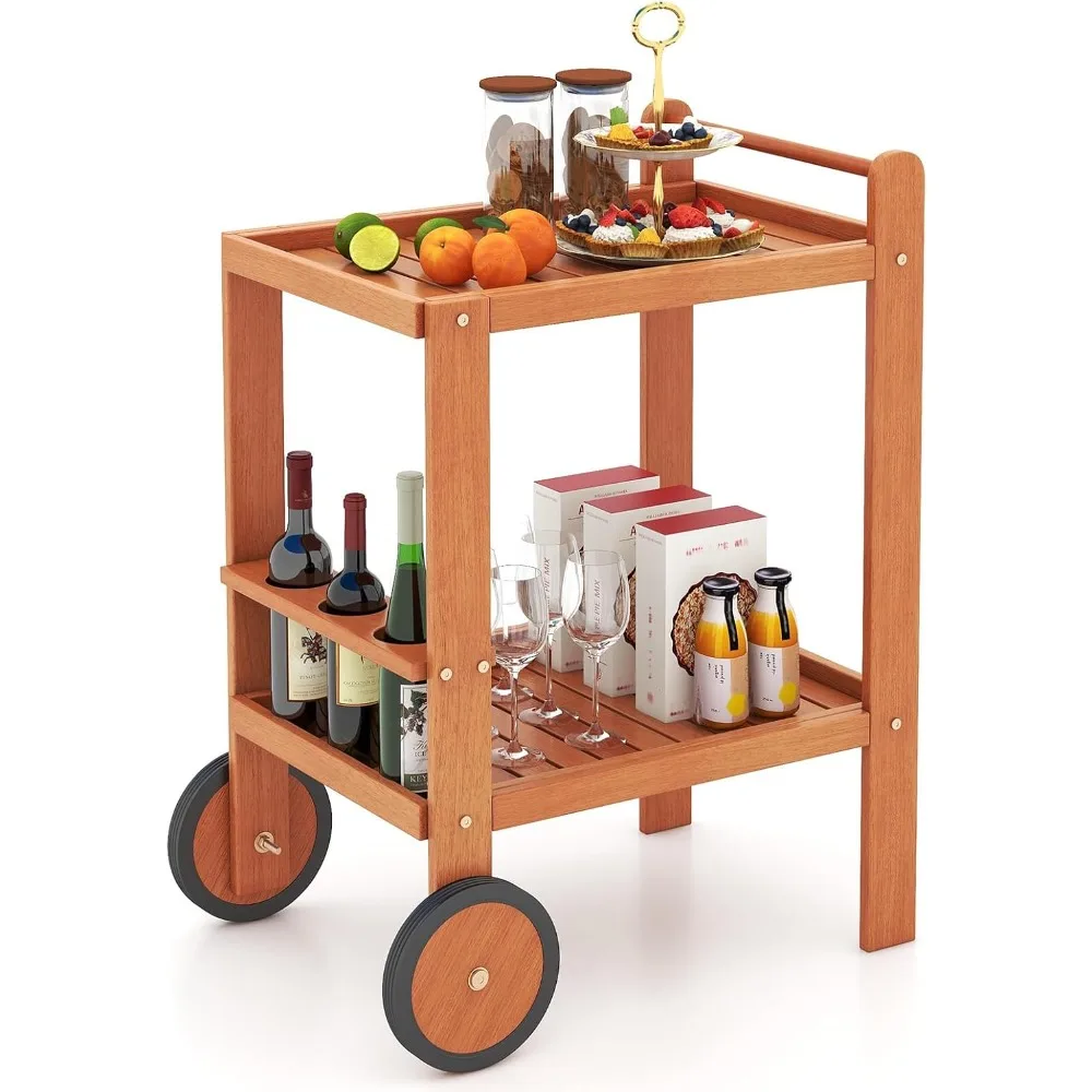 عربة بار خشبية من Giantex، طاولة جانبية من طبقتين بعجلات كبيرة ورف زجاجات النبيذ، عربة تقديم بار منزلي مع لمسة نهائية من زيت الساج، داخلية #1