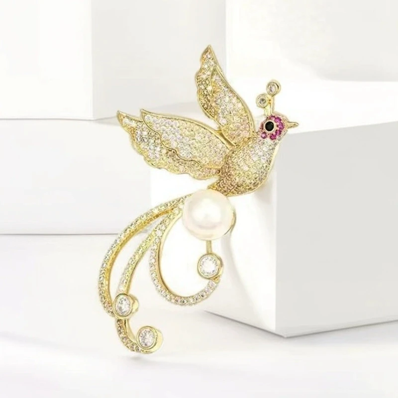 Fashion Women Elegant Full Crystal Pearl Phoenix Badges Pins Shiny Boutique Decoration Brooches For Lady Coat Clothing Pin
