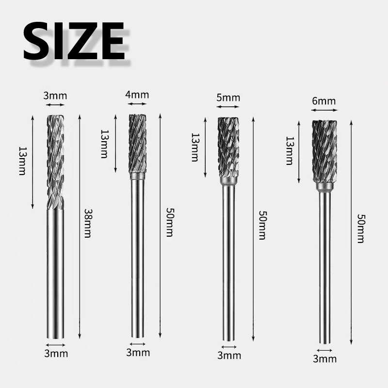 10Pcs 3*3/4/5/6 Cylinder Type A Tungsten Carbide Rotary Files Set - Power Drill Bit Milling Burr Abrasive Tools Carving Craftman