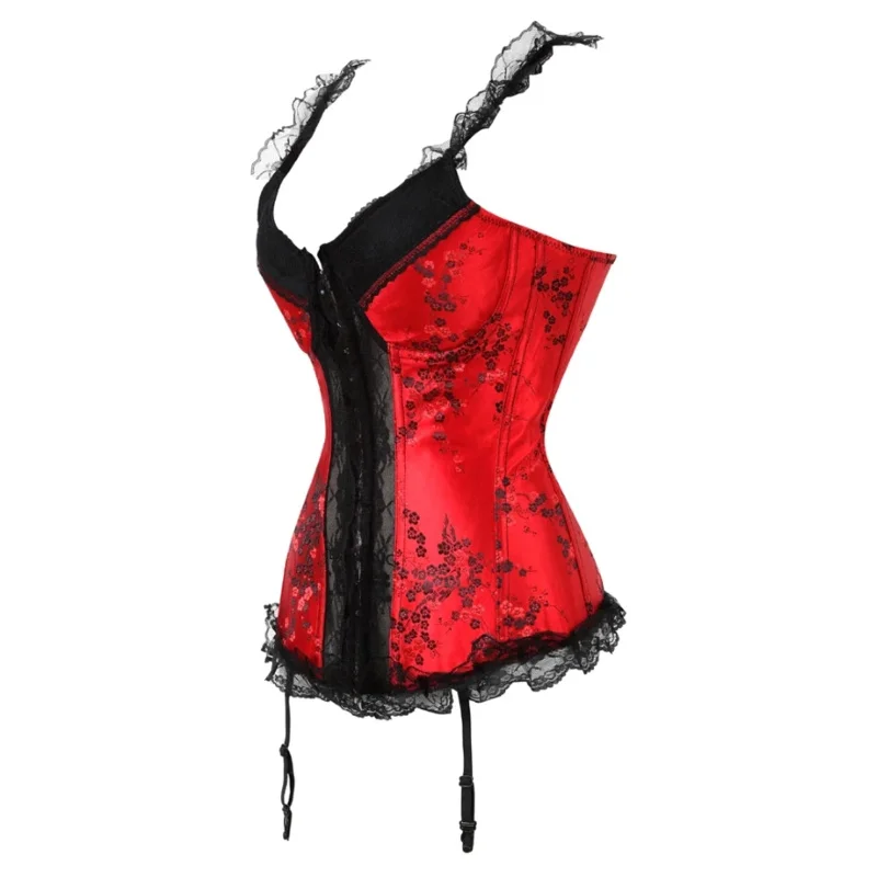 Women Corset Top Overbush Brival Red Plum Florers With Cup Strapless Lace Bustier Wait Wincher Sexy Burlesque Lingerie CorSelet