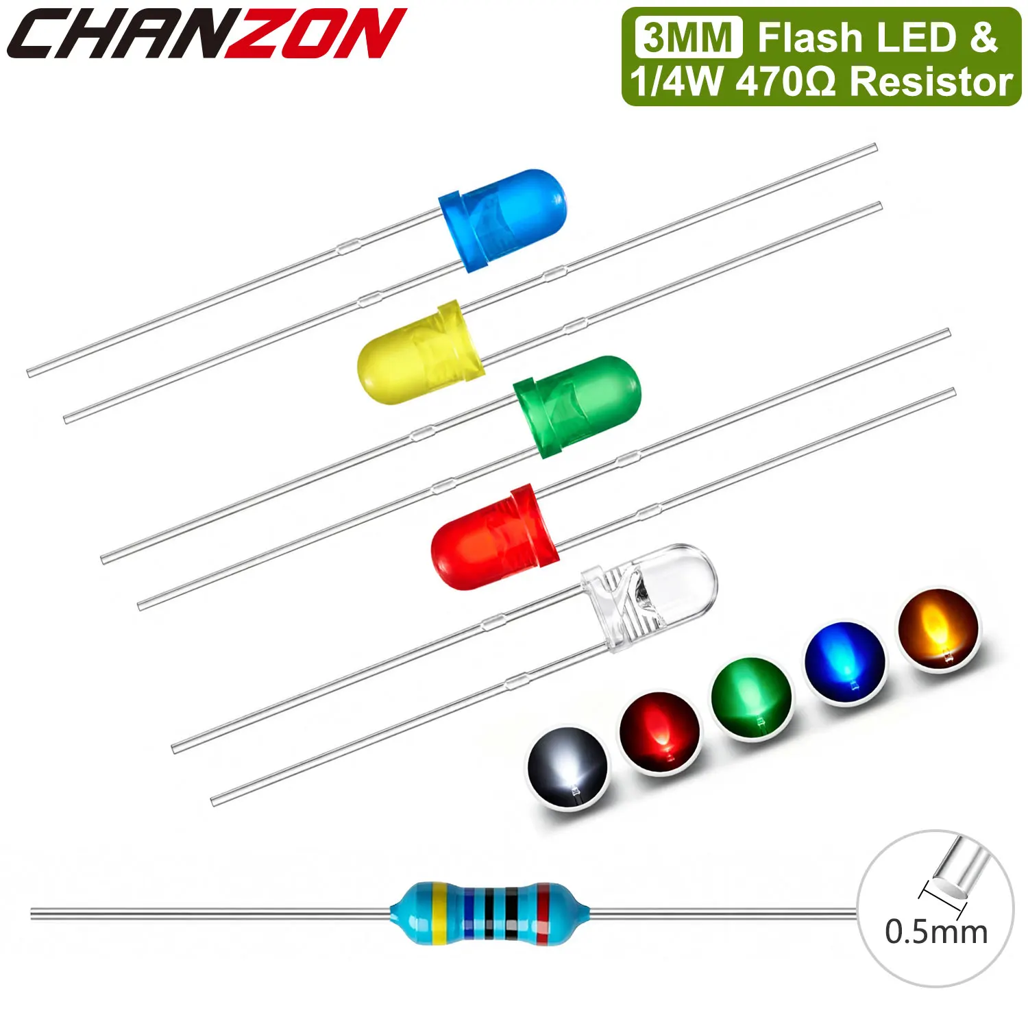3mm Led Diode Flashing & 1/4W 1% 470 Ohm Resistor White Red Green Blue Yellow Diffused Clear Color Changing Light Emitting Lamp