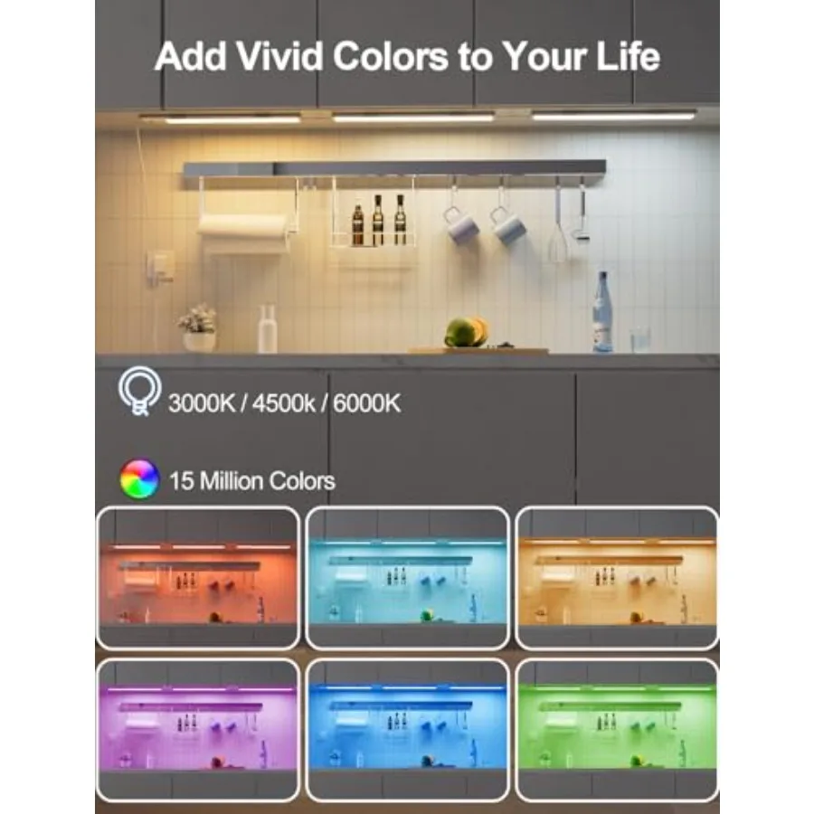 RGB Under Cabinet Lights with Remote, Dimmable Plug-in/Hardwired LED Light Bar for Kitchen Counter, 12 Inch, 3 Pack Multi-Color