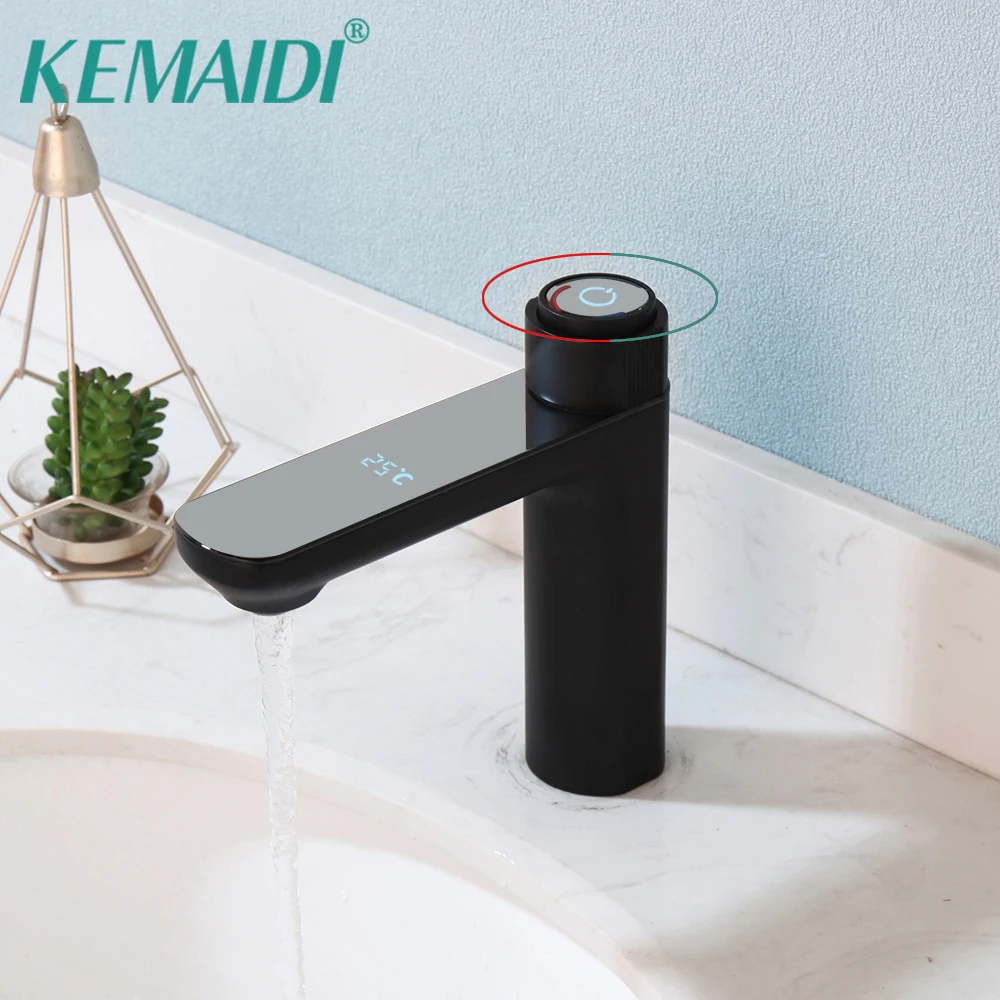 

KEMAIDI Black Solid Brass Bathoom Basin Faucet Water Generating Digital Display Hot Cold Water Mixer Deck Mounted Faucets Tap