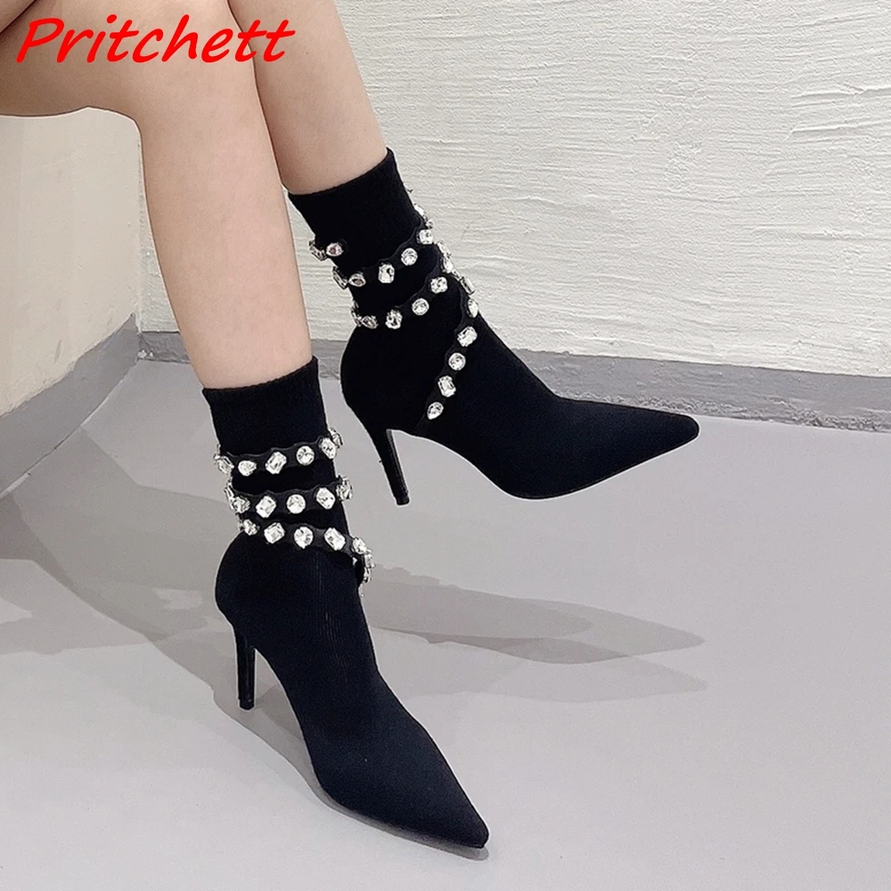 

Bling Crystal Straight Strap Black Strech Boots Pointed Toe High Thin Heels Sexy Casual Party Fashion Women's Mid Calf Boots