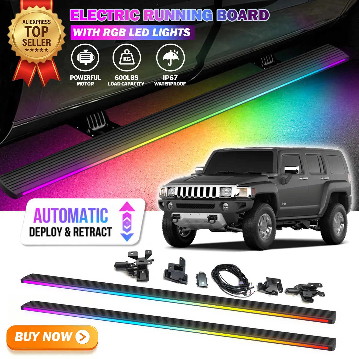 Deployable Power Electric Running Boards Fits For Hummer H3 2006-2010 with LED Light Strips Side Step Nerf Bars